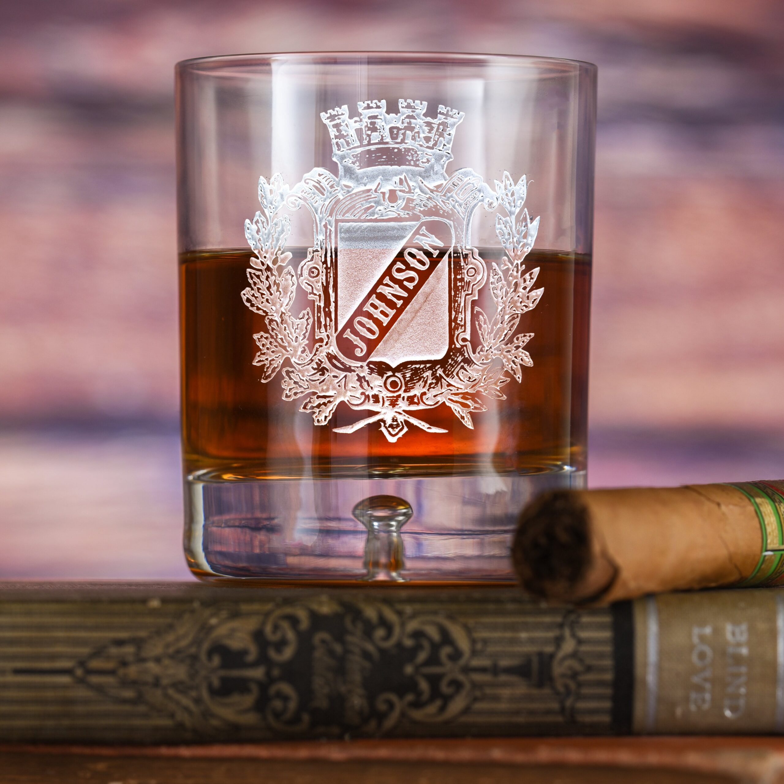 maechi Engraved Family Crest Crystal Bourbon Glass Set – Set of 4